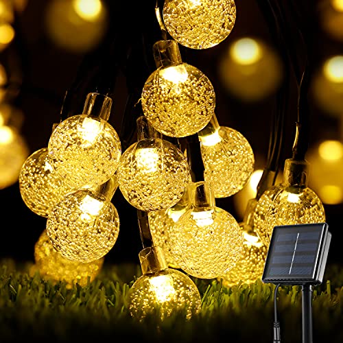 Guirnaldas Luces Exterior Solar, OxyLED 60 LED Guirnalda de luces solares Cadena de Bola Cristal Luz 8 Modos IP65 Guirnalda Luminosas Solar para Jardín, Navidad, Terraza, Fiestas (Blanco Cálido)