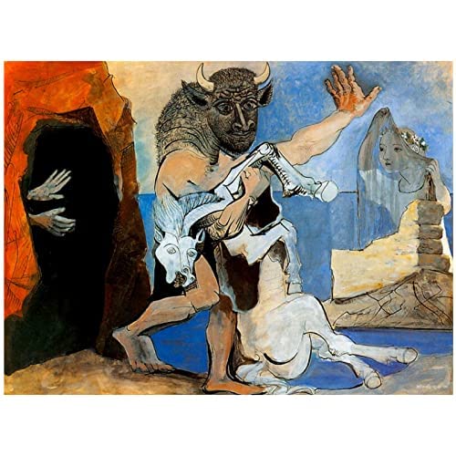 GYJDD Cuadros decoracionPóster artístico con Estampado de Minotauro y Caballo Muerto de Pablo Picasso Pinturas al óleo Lienzo para Decoracion del hogar Poster artísticos de pared60x90cm x1 Sin Marco