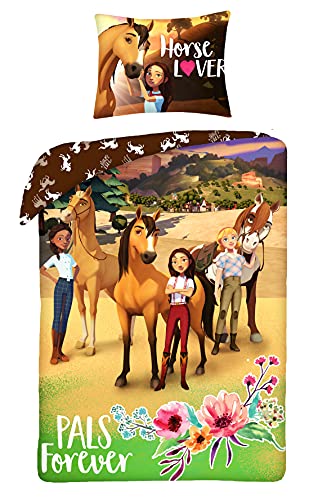 Halantex - SP-8321BL – Juego de cama reversible Spirit Caballo salvaje Pals Forever 100% algodón 2 piezas funda nórdica y funda de almohada – Multicolor – 140 x 200 cm / 70 x 90 cm