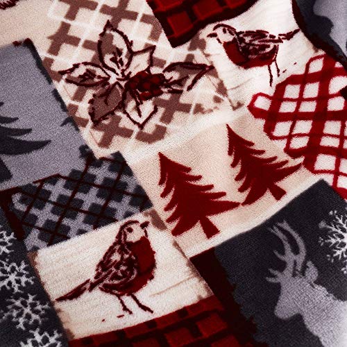 Happy Linen Company Christmas Patchwork - Manta de Franela con Reverso de Forro Polar - Estampado navideño - Rojo - Grande