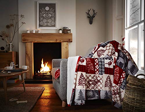Happy Linen Company Christmas Patchwork - Manta de Franela con Reverso de Forro Polar - Estampado navideño - Rojo - Grande