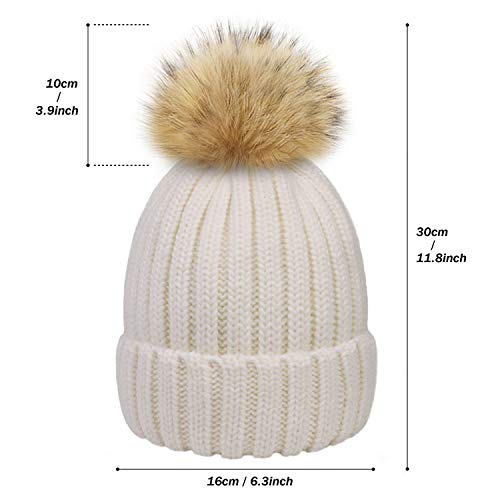 HATOOZE Sombrero de Invierno de Punto para Mujeres - Sombrero de Bola con Forro Polar de Doble Capas con Pom de Piel Sintética Desmontable [Blanco - Talla única]