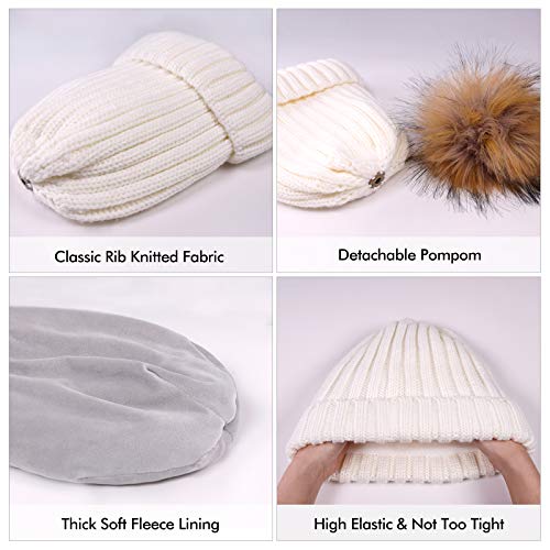 HATOOZE Sombrero de Invierno de Punto para Mujeres - Sombrero de Bola con Forro Polar de Doble Capas con Pom de Piel Sintética Desmontable [Blanco - Talla única]