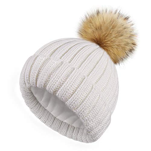 HATOOZE Sombrero de Invierno de Punto para Mujeres - Sombrero de Bola con Forro Polar de Doble Capas con Pom de Piel Sintética Desmontable [Blanco - Talla única]