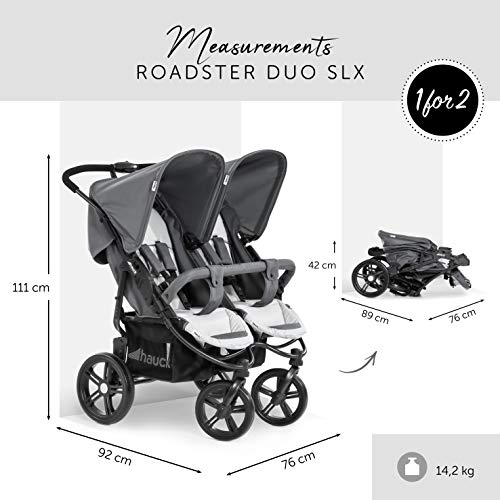 Hauck Roadster Duo SLX - silla gemelar para gemelos y hermanos de 0 meses (combinable con capazo blando) a 30 kg (2x 15kg) ancho 76cm, plegable ultracompactam, Grey Silver (Gris)