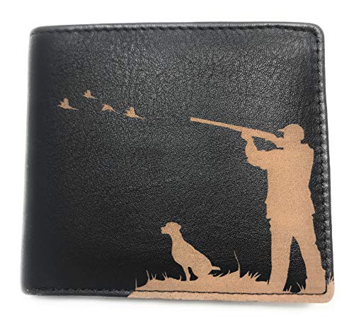 Hermosa calidad grabada cuero mens cartera con caza tiroteo imagen titular con cremallera bolsillo trasero