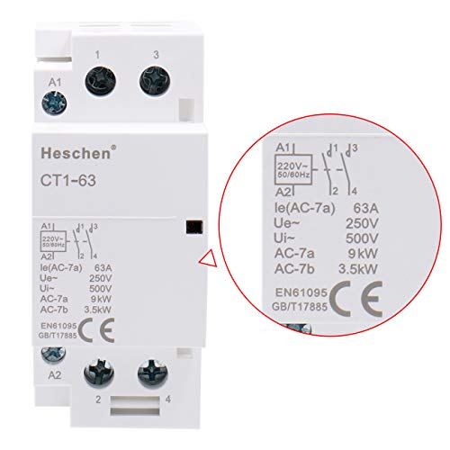 Heschen Contactor de CA del hogar CT1-63 Ie 63A 2 polos dos normalmente abiertos 220V/230V Voltaje de la bobina 35mm Montaje en riel DIN