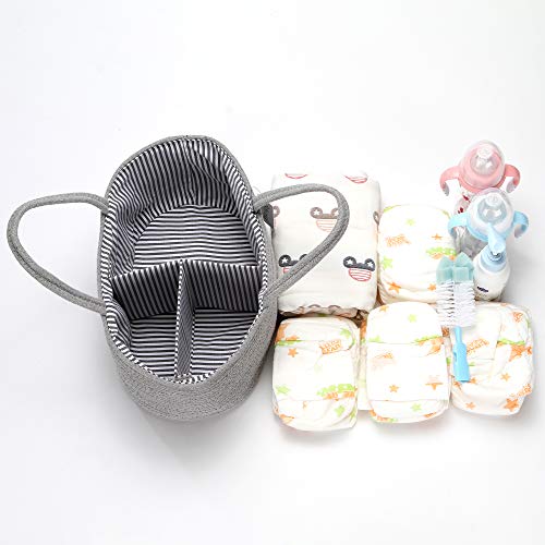 Hinwo - Carrito pañales para bebé 3 compartimentos, contenedor almacenamiento guardería, organizador portátil coche, cesta regalo ducha recién nacidos, cuerda algodón divisor desmontable pañales