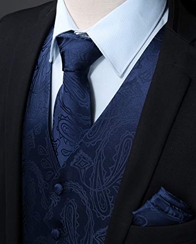 HISDERN Chaleco y corbata de jacquard floral paisley clasico para hombre y traje de chaleco cuadrado de bolsillo