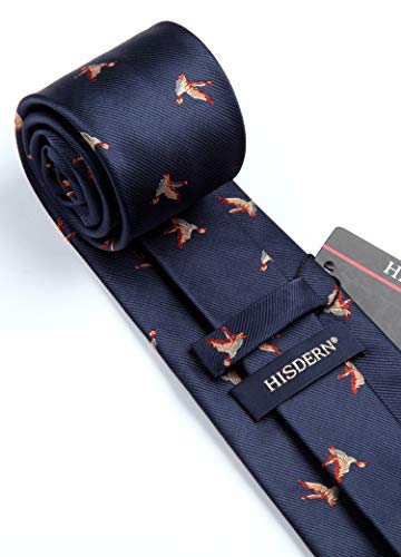 HISDERN Corbatas de Hombre azul marino con Motivo pájaro faisán Modernas Boda Corbata y Pañuelo Conjunto Elegante de Business Partido