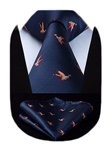 HISDERN Corbatas de Hombre azul marino con Motivo pájaro faisán Modernas Boda Corbata y Pañuelo Conjunto Elegante de Business Partido
