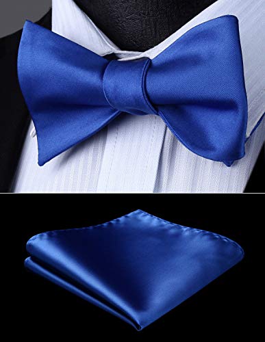 HISDERN Pajaritas Azul real Hombre y Pañuelo Elegante Boda Satín Pajarita Color Sólido Clásico Partido Business Conjunto de Pajarita Ajustable