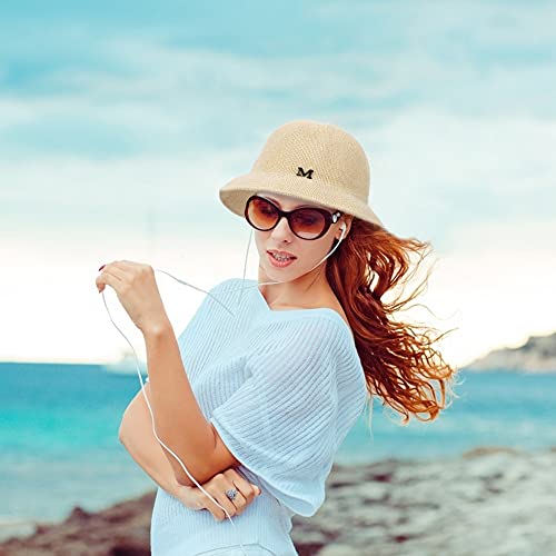 HOLEMZ Sombrero del Pescador para Mujer Sombrero de Paja de la Playa Bucket Hat Al Aire Libre Visera para Viajes Vacaciones 56-58cm Beige