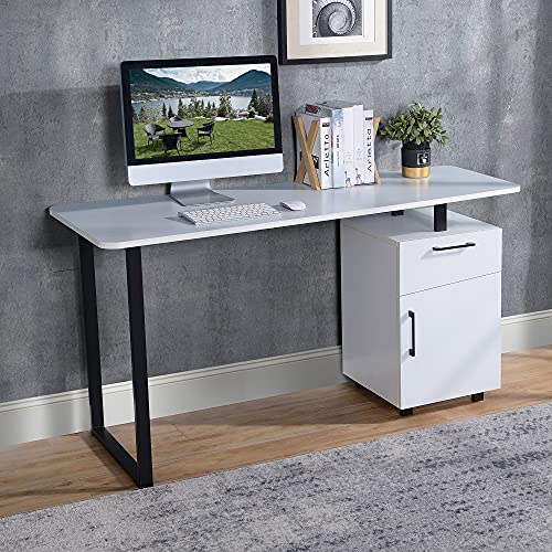 HOMCOM Mesa Escritorio con Cajón y Armario con Balda Ajustable Mesa para Ordenador Multiusos de Canto Redondo 150x60x76 cm Blanco