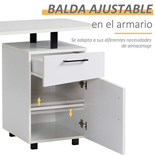 HOMCOM Mesa Escritorio con Cajón y Armario con Balda Ajustable Mesa para Ordenador Multiusos de Canto Redondo 150x60x76 cm Blanco