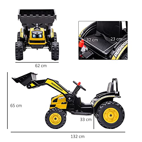 HOMCOM Tractor Excavadora Eléctrico para Niños de +3 Años Vehículo Infantil con Batería 6V Pala Música y Luces Velocidad de 2 Niveles 132x62x65 cm Negro y Amarillo