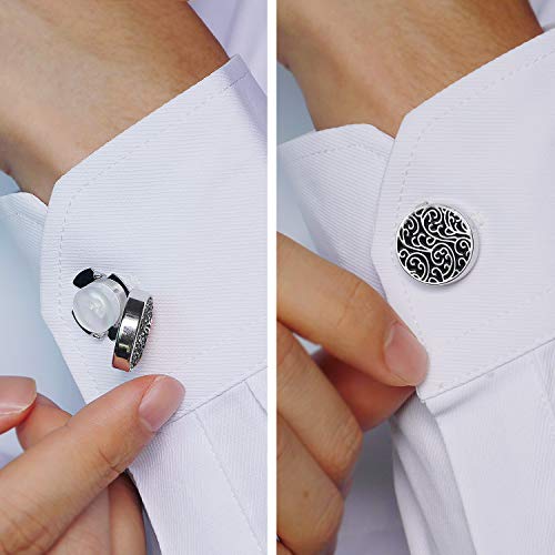 HONEY BEAR Cubre Botones Gemelos tallados con patrón Retro de para Camisas de Hombres, Acero Inoxidable para Regalo de Bodas, Plata con Negro (Plata con Negro)