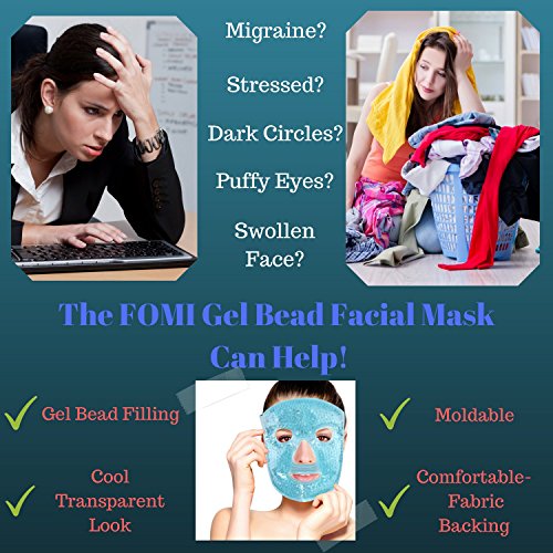 Hot and Cold Therapy Gel Bead Full Facial Mask by FOMI Care | Ice Face Mask for Migraine Headache, Stress Relief | Reduces Eye Puffiness, Dark Circles | Fabric Back (Full Face w/Eye Holes)