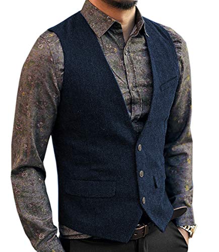HSLS Chaleco de traje casual para hombre Chaleco sólido de tweed de lana de corte slim(L, Azul marino)