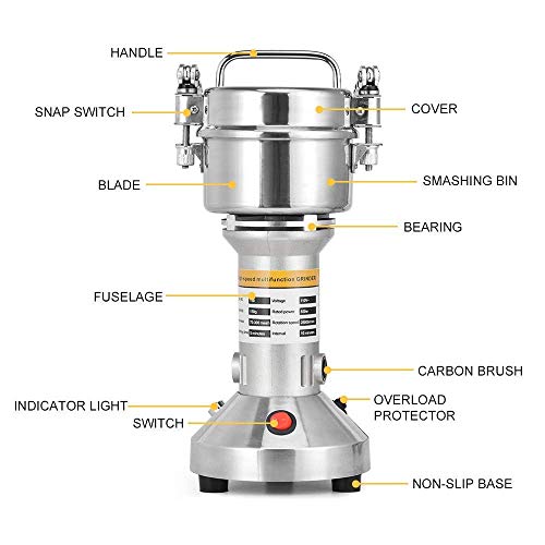 HUKOER Molinillo de grano portátil Amoladora del molino del cereal de la especia del grano de la hierba 220V Máquina de harina en polvo, Procesador de alimentos de alta velocidad (150 g)