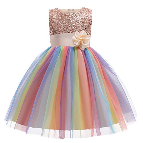 I3CKIZCE Vestido de fiesta niña 3-10 años off-hombro raya princesa arcoíris tutú cinturón moda dulce, champán, 3-4 Años