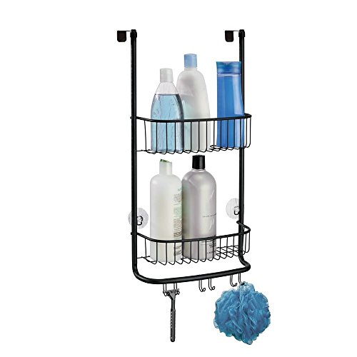 iDesign Organizador de ducha para colgar, pequeña estantería colgante de metal con 2 baldas y 3 ganchos dobles, cesta de ducha para la cabina de ducha, negro
