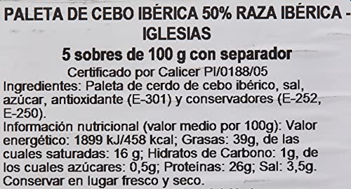 IGLESIAS - Paleta De Cebo Ibérica, 50% Raza Ibérica Loncheada G (5 sobres de 100G), 500 Gramos