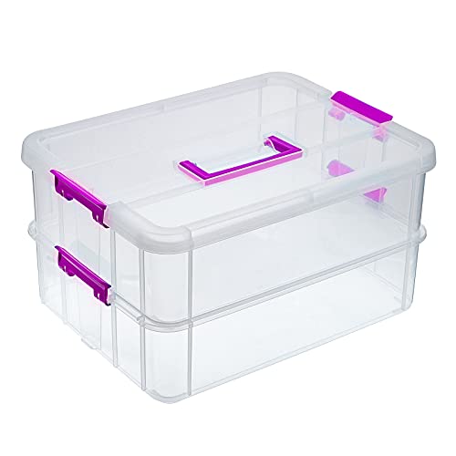 IGNPION Caja de almacenamiento apilable de 2 niveles de plástico ajustable con asa de transporte, contenedores transparentes organizador para juguetes, accesorios de costura, morado