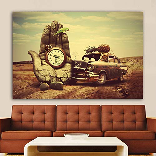 Impresión en lienzo Pintura Decoración de pared Arte clásico Salvador Dali Mano, reloj, coche, piña, loro Impresiones Carteles Arte de pared para decoración de sala de estar 30x40cm Con marco