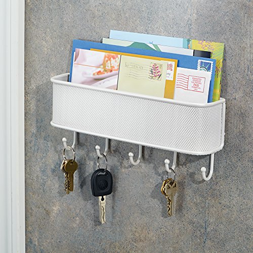 InterDesign Twillo Organizador de llaves de pared con bandeja para cartas, ganchos para la pared del pasillo de metal y plástico, blanco
