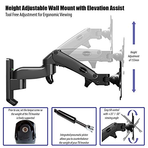 Invision Soporte Monitor Pared de PC y TV, para Pantallas 17-27", Ergonómico Soporte de un Solo Brazo Altura Ajustable con Inclinación, Giratoria y Rotar, VESA 75x75mm y 100x100mm, Peso 2-7kg [MX250]