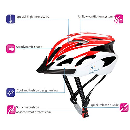 ioutdoor Casco de bicicleta de 56 a 64 cm con visera [Auriculares deportivos, 18 ventilaciones] Para Unisex Adultos [Rojo blanco - Grande]