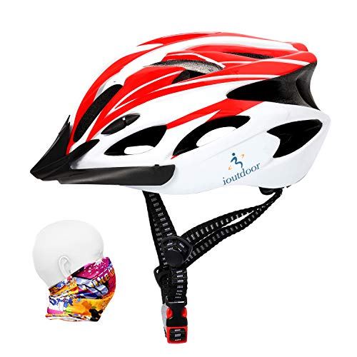 ioutdoor Casco de bicicleta de 56 a 64 cm con visera [Auriculares deportivos, 18 ventilaciones] Para Unisex Adultos [Rojo blanco - Grande]