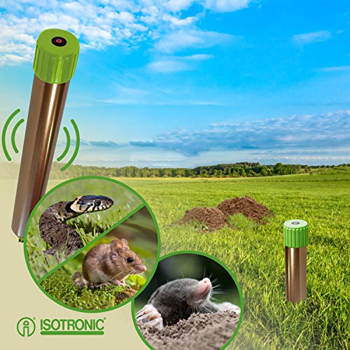 ISOTRONIC Ahuyentador ultrasónico contra topos, campañoles, ratones, hormigas y serpientes | Apto para jardines, campos, cultivos, campos de golf | Funciona con pilas | Alcance de 1250 m2 | Set de 2