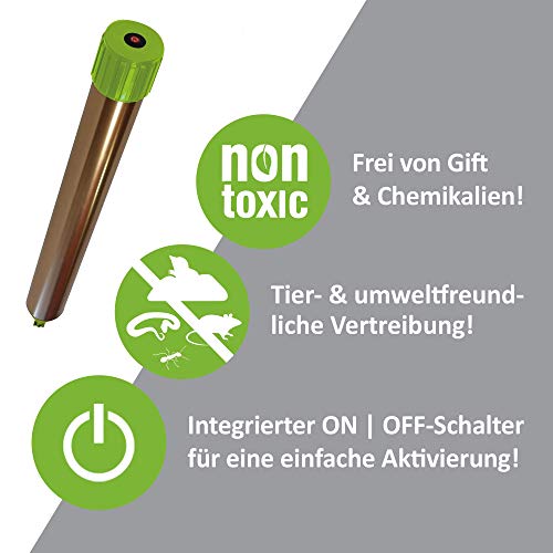 ISOTRONIC Ahuyentador ultrasónico contra topos, campañoles, ratones, hormigas y serpientes | Apto para jardines, campos, cultivos, campos de golf | Funciona con pilas | Alcance de 1250 m2 | Set de 2