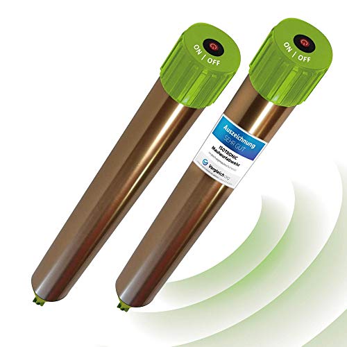 ISOTRONIC Ahuyentador ultrasónico contra topos, campañoles, ratones, hormigas y serpientes | Apto para jardines, campos, cultivos, campos de golf | Funciona con pilas | Alcance de 1250 m2 | Set de 2