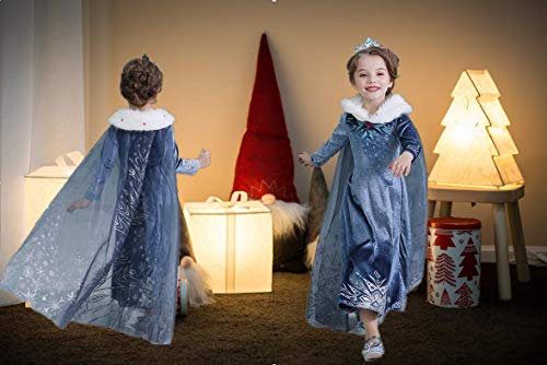 IWFREE Niñas Cosplay Vestido de Princesa Elsa con Capa Vestido de Manga Larga Vestido Largo Disfraz Azul Dulce Disfraz Ceremonia de Fiesta Halloween Navidad 3-9 años 100-150cm