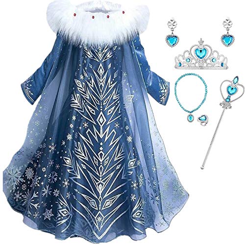 IWFREE Niñas Cosplay Vestido de Princesa Elsa con Capa Vestido de Manga Larga Vestido Largo Disfraz Azul Dulce Disfraz Ceremonia de Fiesta Halloween Navidad 3-9 años 100-150cm