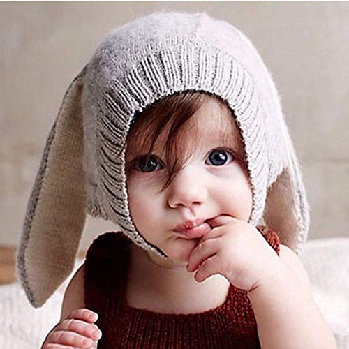 iwobi Sombrero Tejido de Punto de Bebé, Sombreros Unisex para Bebés Orejas de Conejo Gris, Sombrero Liso de Invierno para 0-24 Meses Niña Niño