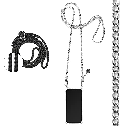 Jalouza Cadena para móvil, cordón y funda compatible con iPhone 13, cadena de eslabones en plata y cordón en color negro y plateado, funda para teléfono móvil para colgar