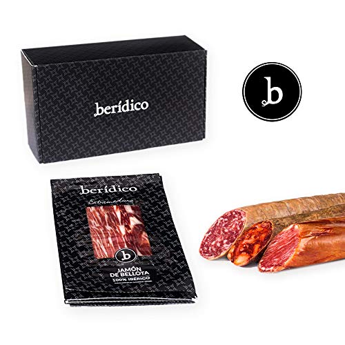 Jamón de Bellota 100% Ibérico. 5 sobres de 100 g cortado a mano + Lomo de Bellota 100% Ibérico, Chorizo Ibérico Extra y Salchichón Ibérico Extra (piezas de 500 g aprox). Extremadura. BERÍDICO