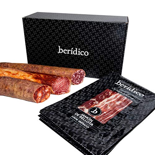 Jamón de Bellota 100% Ibérico. 5 sobres de 100 g cortado a mano + Lomo de Bellota 100% Ibérico, Chorizo Ibérico Extra y Salchichón Ibérico Extra (piezas de 500 g aprox). Extremadura. BERÍDICO