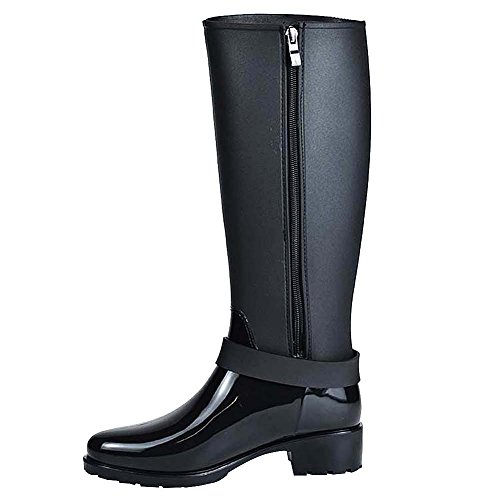 Jamron Mujer Elegante Nieve Lluvia Festival Wellies Altos Ajustable Correa de Hebilla Rodilla Alta Cremallera Botas Wellington Negro SN02006 EU38