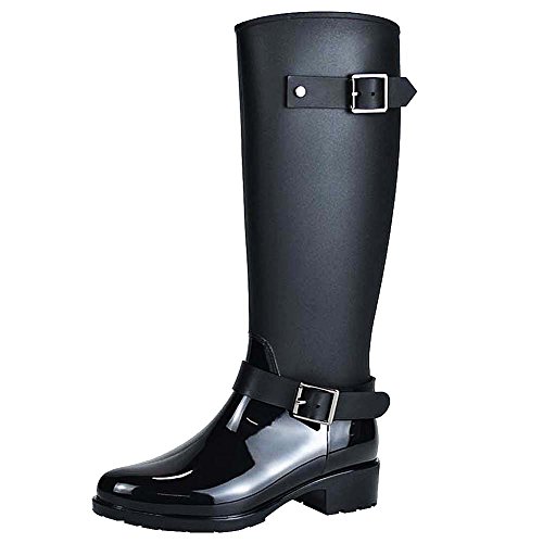 Jamron Mujer Elegante Nieve Lluvia Festival Wellies Altos Ajustable Correa de Hebilla Rodilla Alta Cremallera Botas Wellington Negro SN02006 EU38