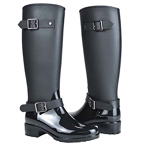 Jamron Mujer Elegante Nieve Lluvia Festival Wellies Altos Ajustable Correa de Hebilla Rodilla Alta Cremallera Botas Wellington Negro SN02006 EU38