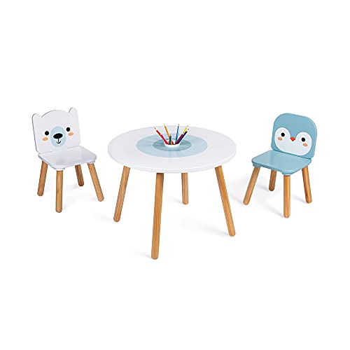 Janod - Mesa y 2 sillas de madera con forma de témpano - Mesa infantil redonda con portalápices extraíble - 1 silla con forma de oso polar y 1 silla con forma de pingüino - A Partir de 3 años, J09650