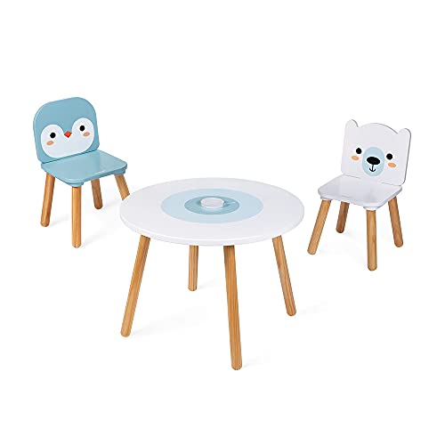 Janod - Mesa y 2 sillas de madera con forma de témpano - Mesa infantil redonda con portalápices extraíble - 1 silla con forma de oso polar y 1 silla con forma de pingüino - A Partir de 3 años, J09650