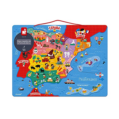 Janod - Puzzle magnético Mapa de España en madera, 50 piezas magnéticas, 40 x 30 cm, Juego educativo a partir de 5 años, J05478