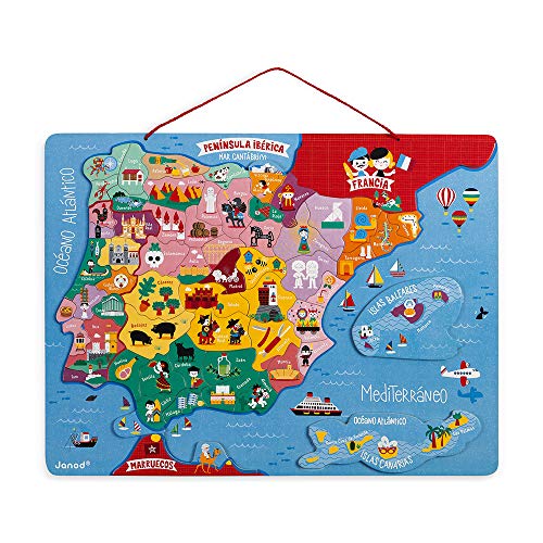 Janod - Puzzle magnético Mapa de España en madera, 50 piezas magnéticas, 40 x 30 cm, Juego educativo a partir de 5 años, J05478