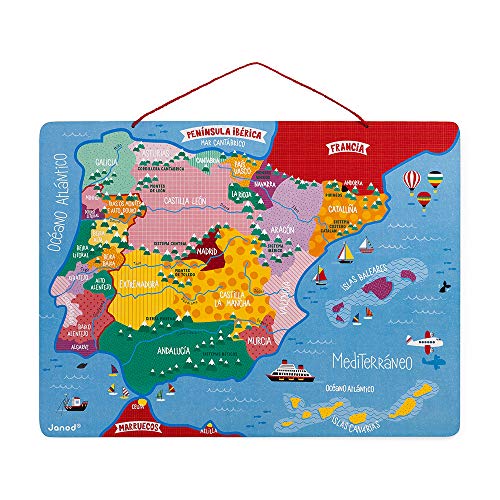 Janod - Puzzle magnético Mapa de España en madera, 50 piezas magnéticas, 40 x 30 cm, Juego educativo a partir de 5 años, J05478